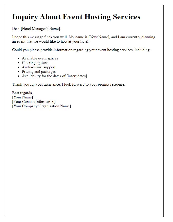 Letter template of inquiry about hotel event hosting services.