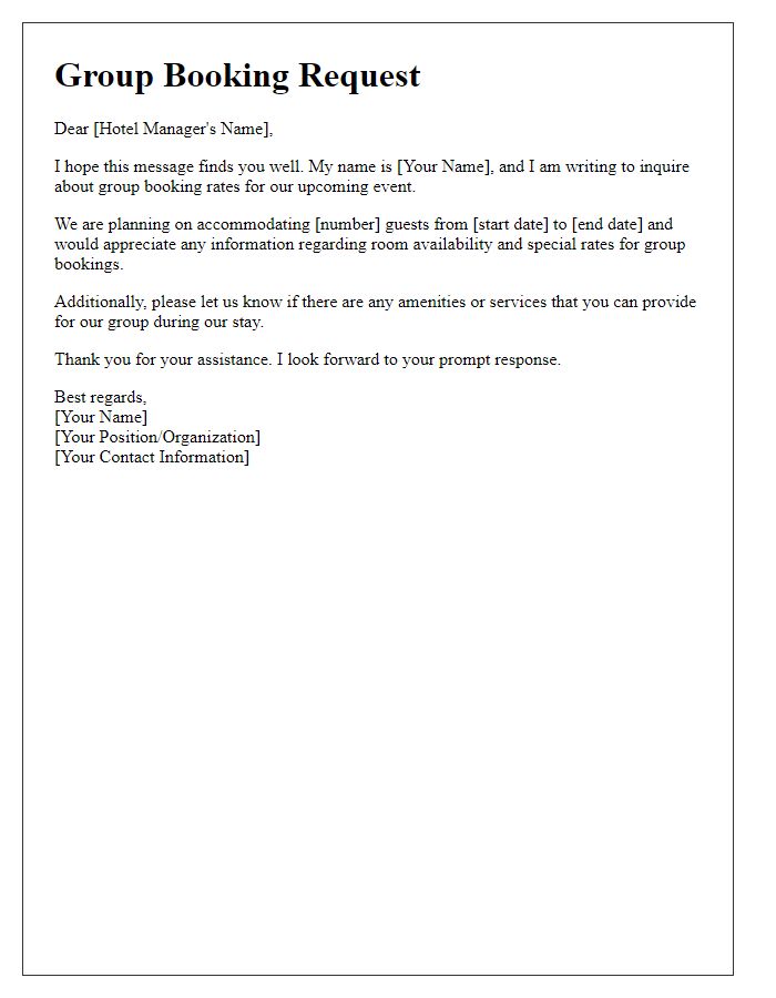 Letter template of request for group booking rates at a hotel.