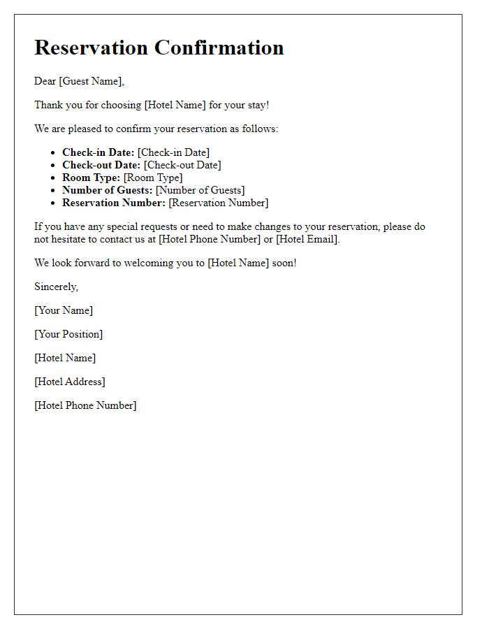 Letter template of reservation confirmation for a hotel stay.