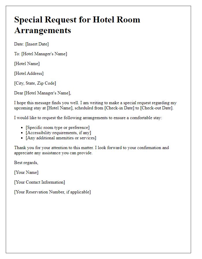 Letter template of special request for hotel room arrangements.