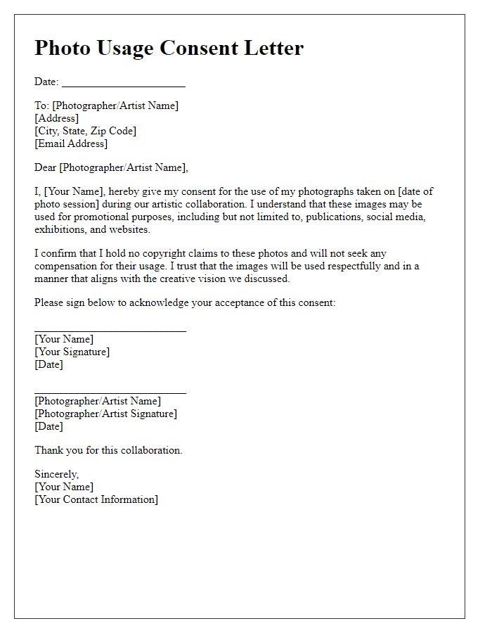 Letter template of promotional photo usage consent for artistic collaborations.