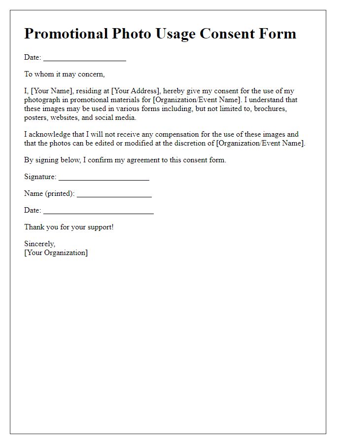 Letter template of promotional photo usage consent for community members.