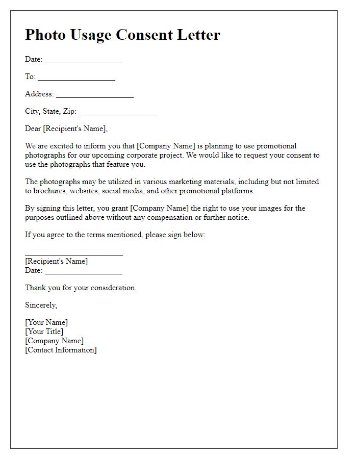 Letter template of promotional photo usage consent for corporate projects.