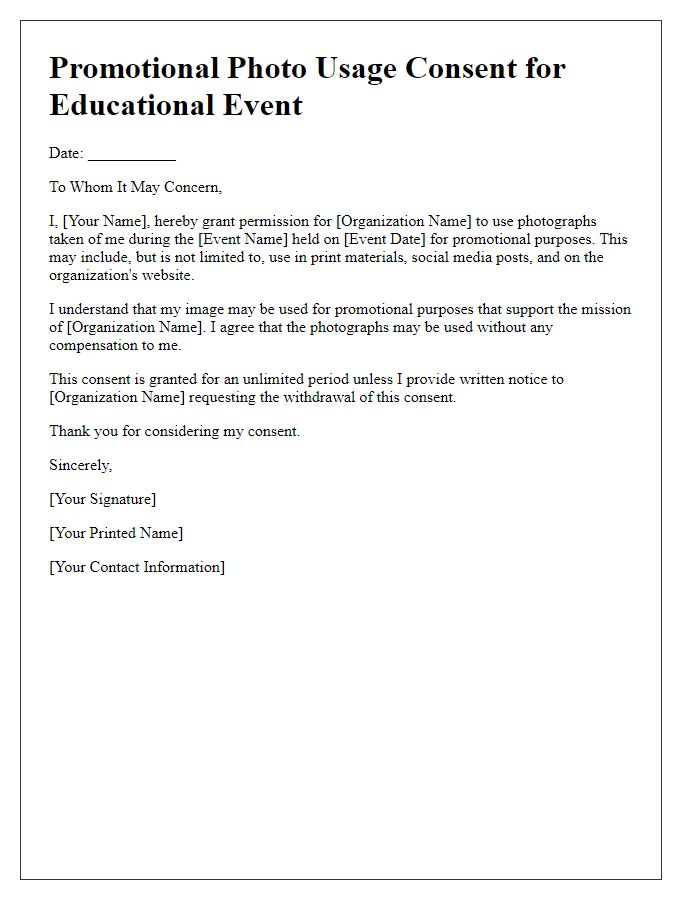 Letter template of promotional photo usage consent for educational events.