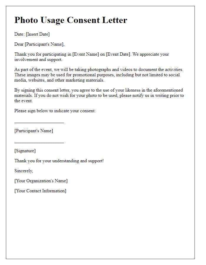 Letter template of promotional photo usage consent for event participants.