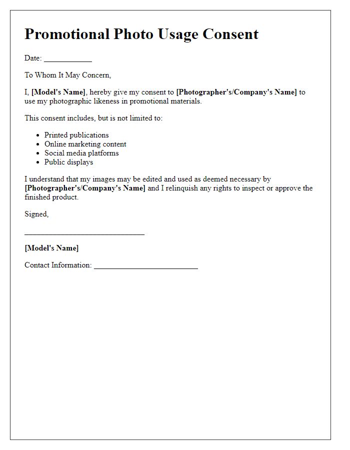 Letter template of promotional photo usage consent for model releases.