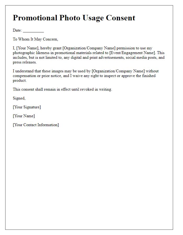 Letter template of promotional photo usage consent for sponsorship engagements.