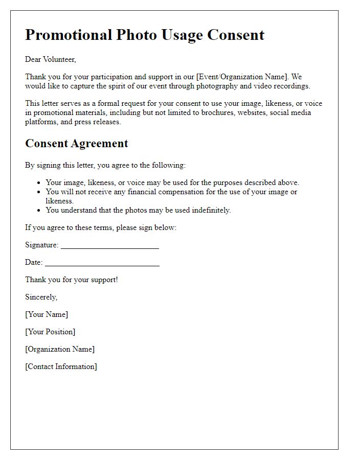 Letter template of promotional photo usage consent for volunteers.