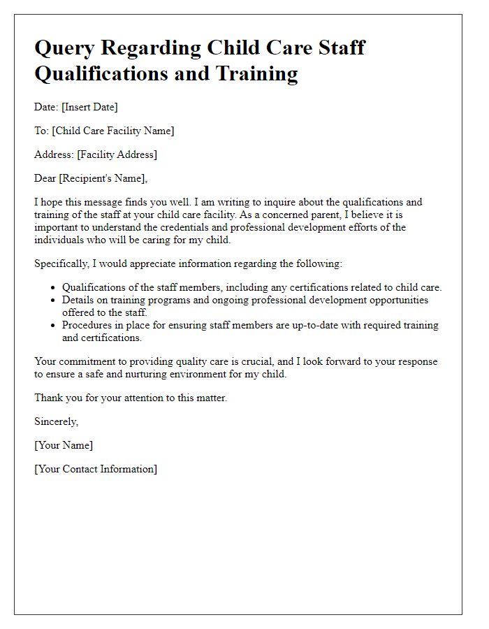 Letter template of query for child care staff qualifications and training