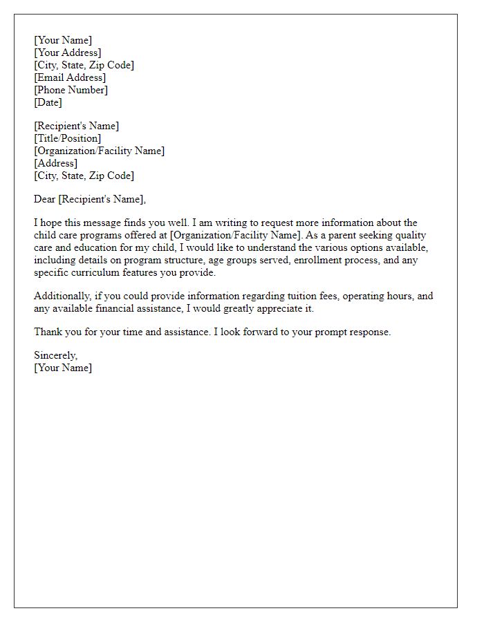 Letter template of request for details on child care programs