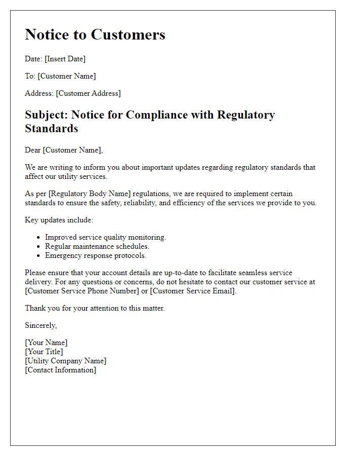 Letter template of notice for regulatory standards in utility services