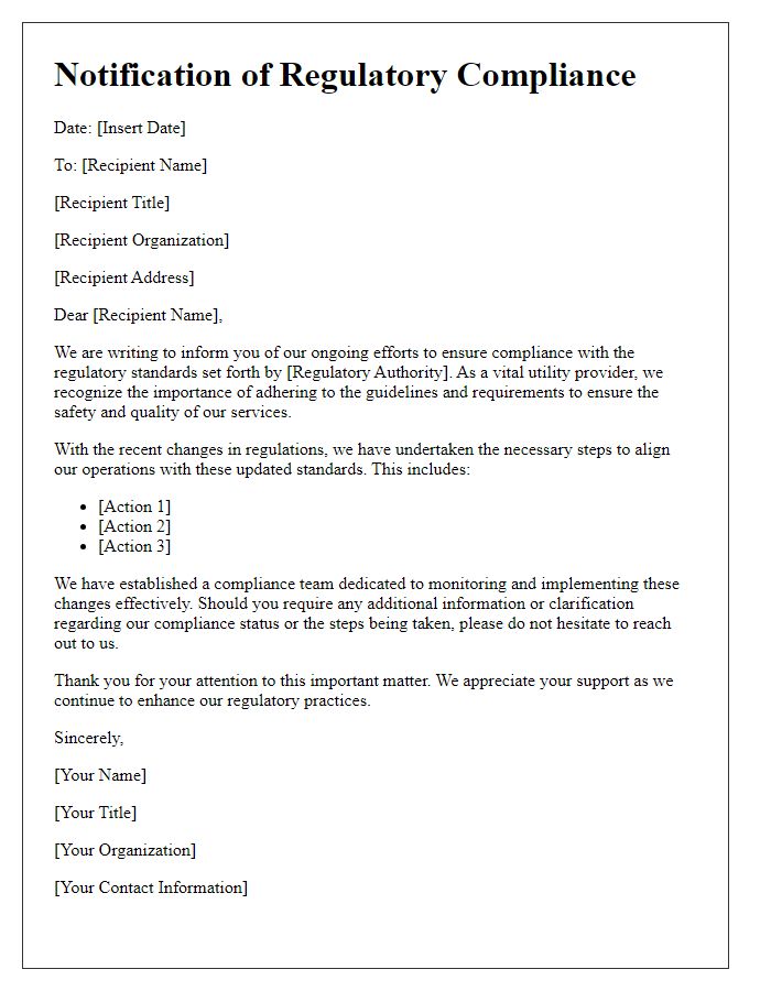 Letter template of notification for regulatory compliance in utilities