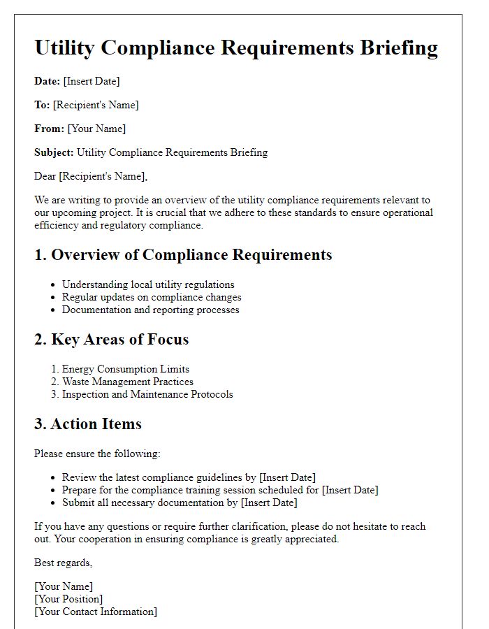 Letter template of utility compliance requirements briefing