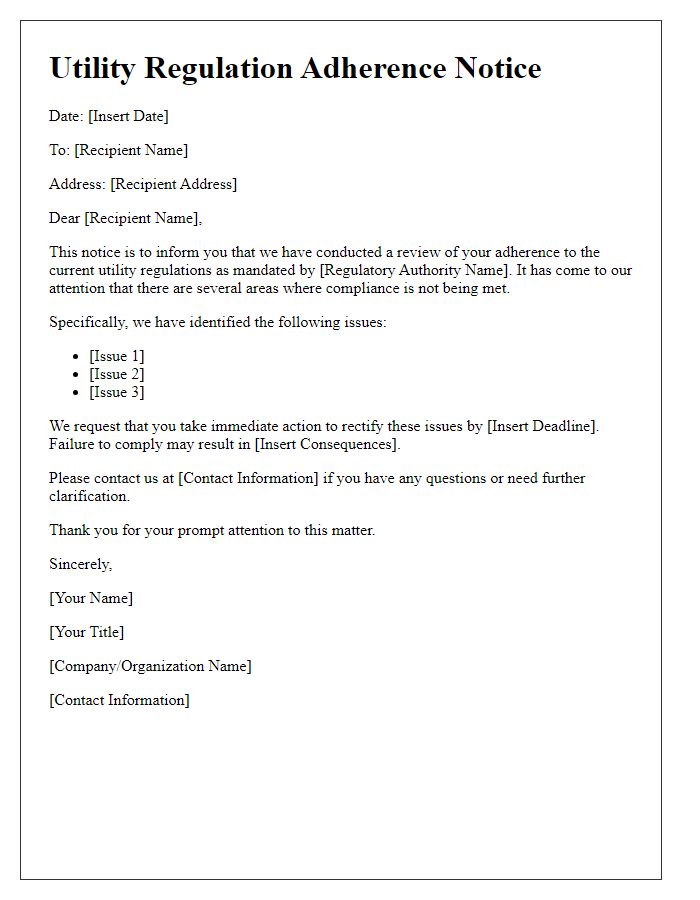 Letter template of utility regulation adherence notice