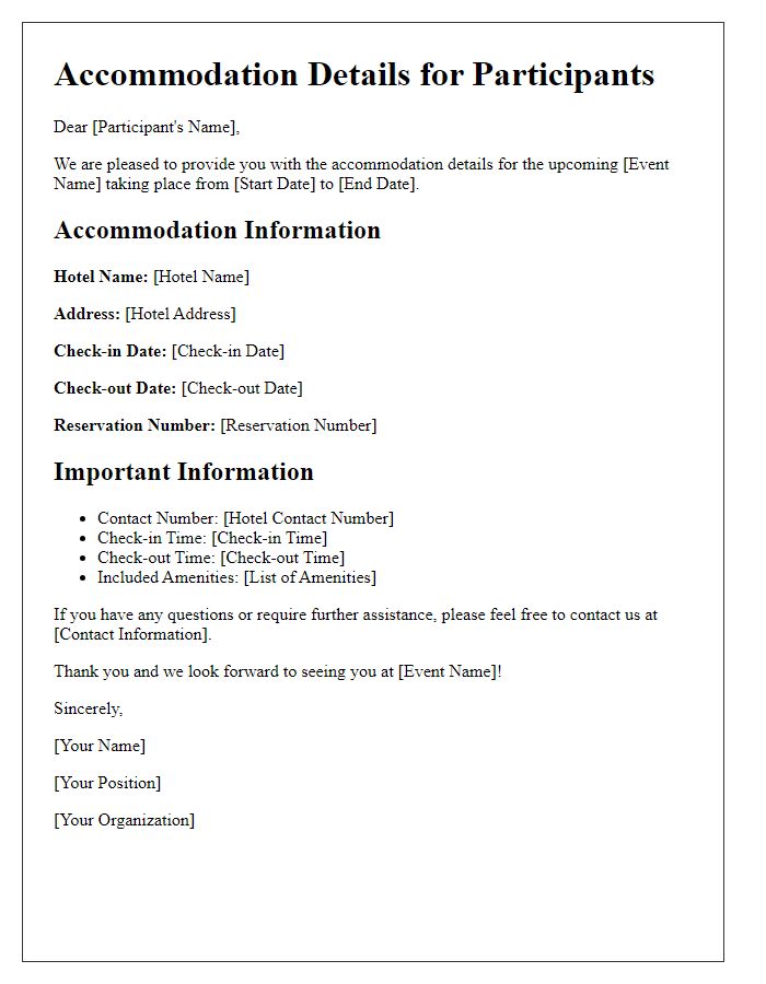 Letter template of accommodation details for participants