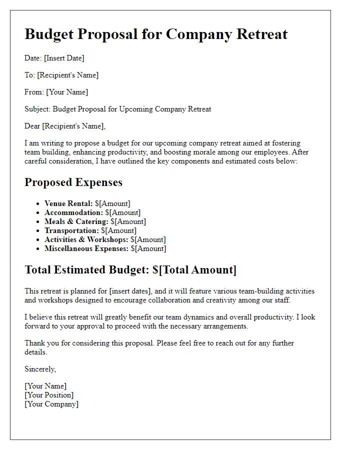 Letter template of budget proposal for company retreat