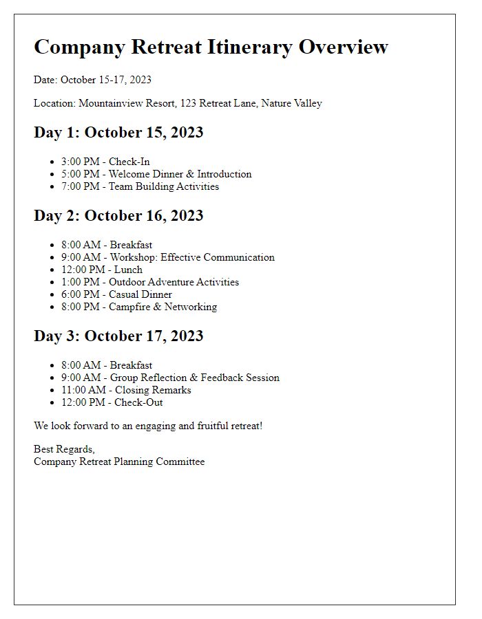 Letter template of company retreat itinerary overview