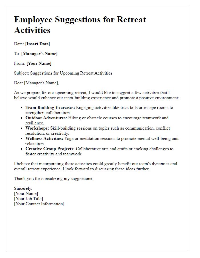 Letter template of employee suggestions for retreat activities