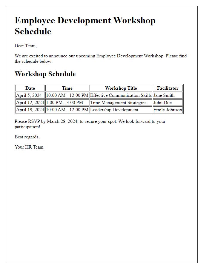 Letter template of employee development workshop schedule