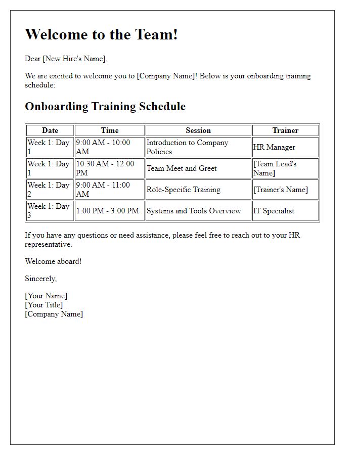 Letter template of new hire onboarding training schedule