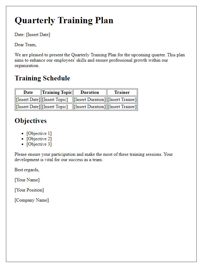 Letter template of quarterly training plan for employees