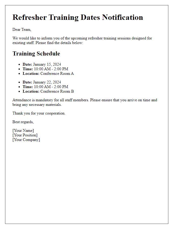 Letter template of refresher training dates for existing staff