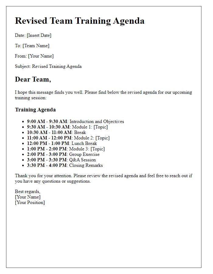 Letter template of revised team training agenda