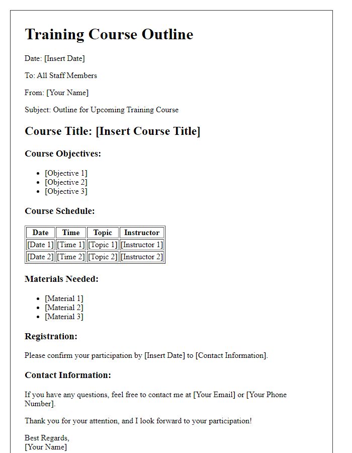 Letter template of training course outline for staff members