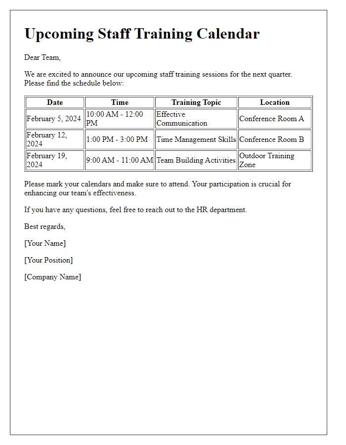 Letter template of upcoming staff training calendar