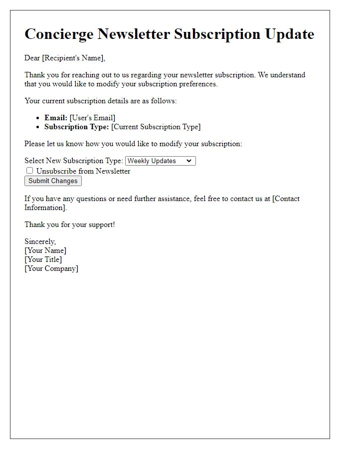 Letter template of concierge newsletter subscription modification.