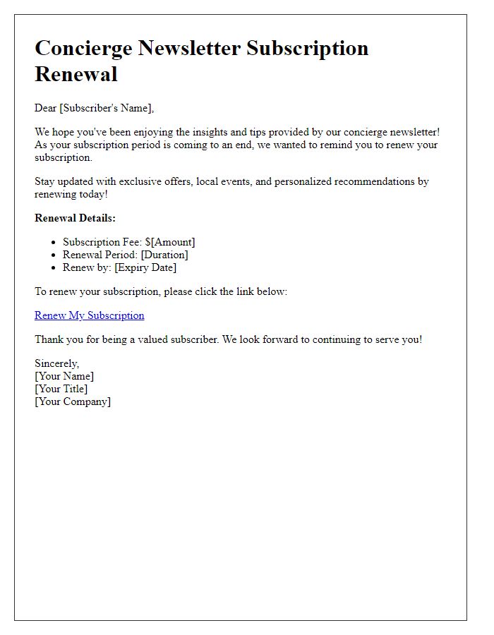 Letter template of concierge newsletter subscription renewal.