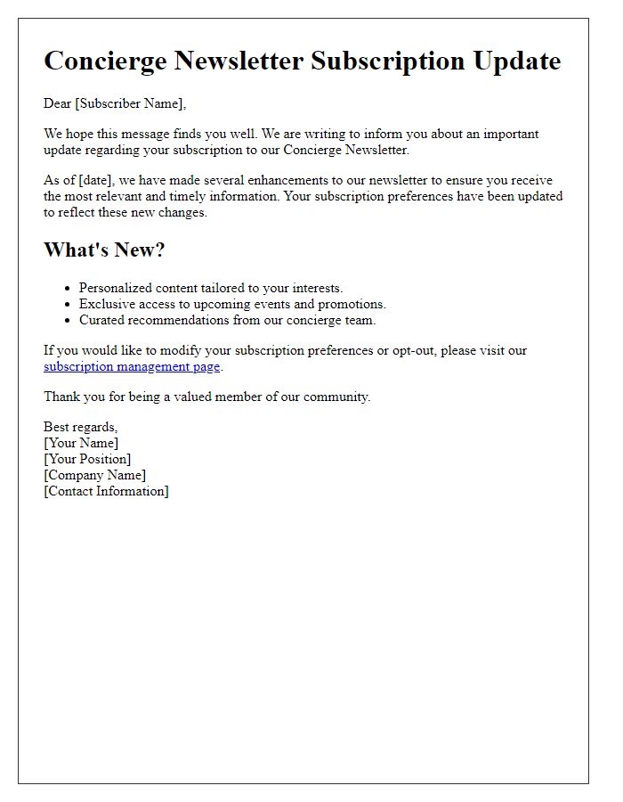 Letter template of concierge newsletter subscription update.