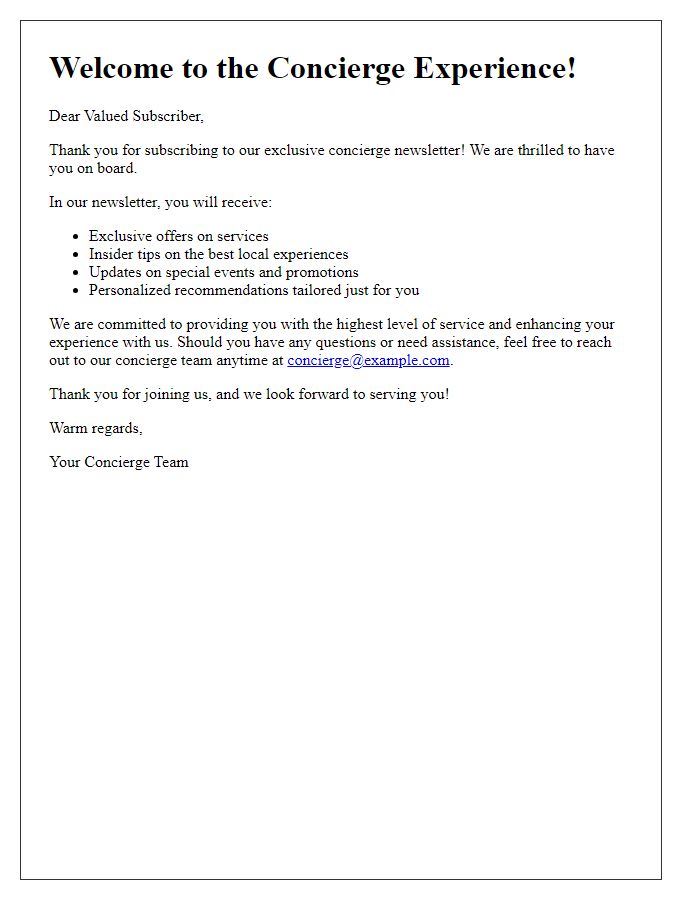 Letter template of concierge newsletter subscription welcome.