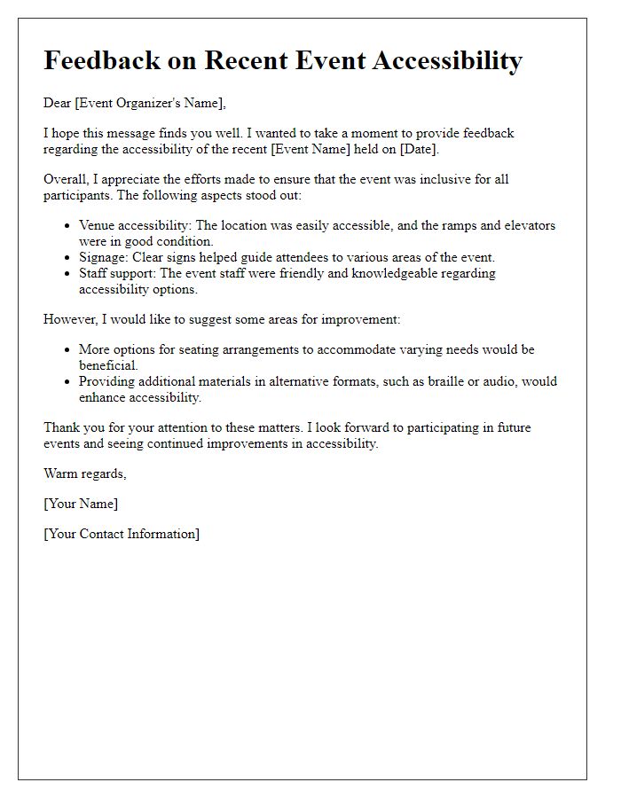 Letter template of feedback on recent event accessibility