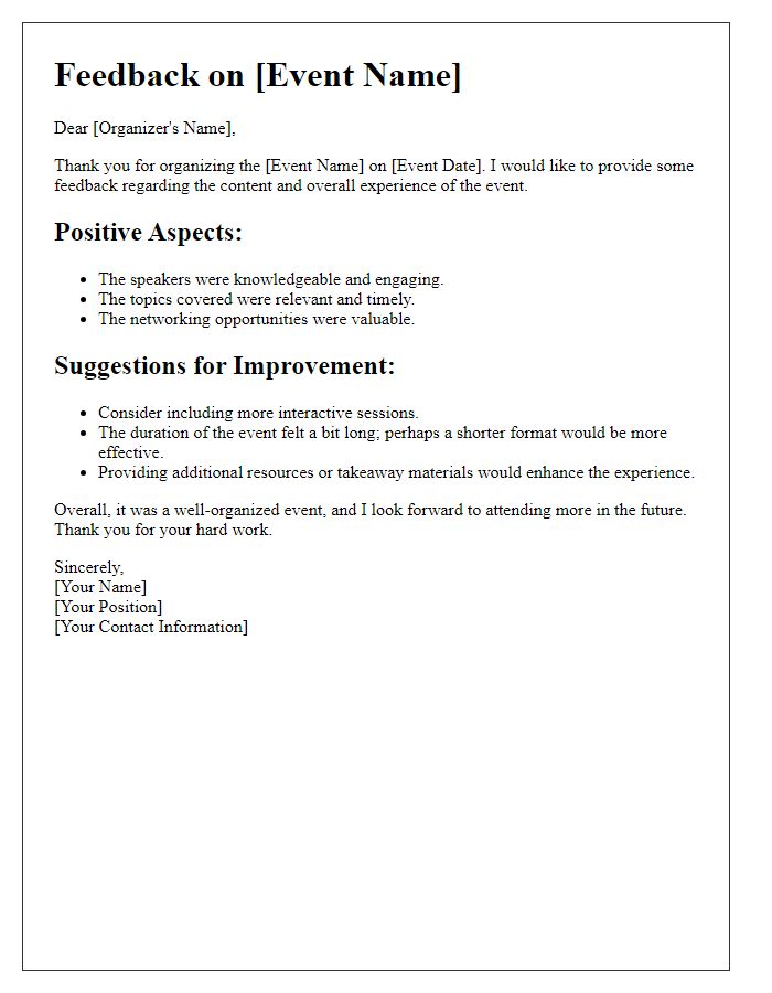 Letter template of feedback on recent event content