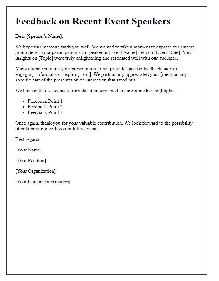 Letter template of feedback for recent event speakers