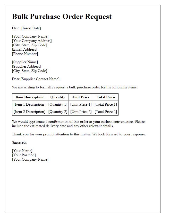 Letter template of bulk purchase order request