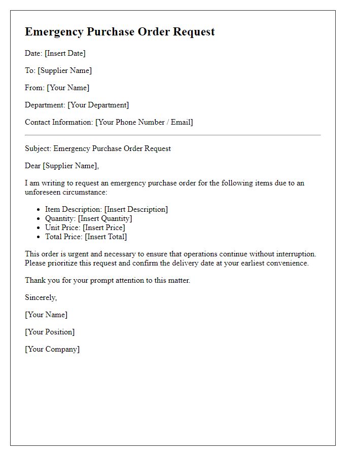 Letter template of emergency purchase order request