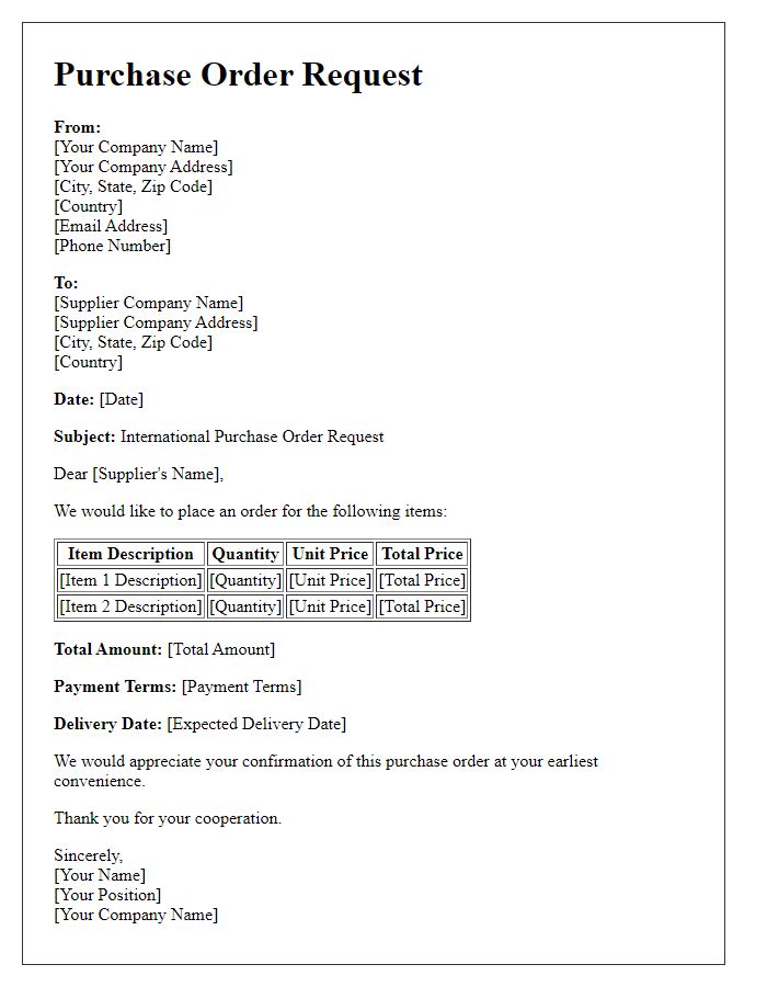 Letter template of international purchase order request