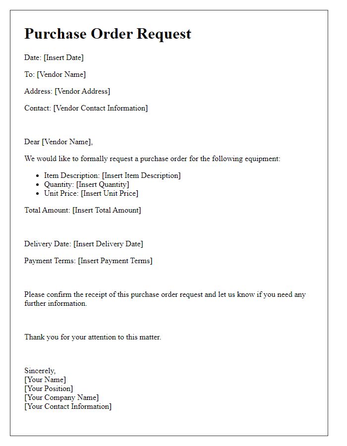 Letter template of purchase order request for equipment