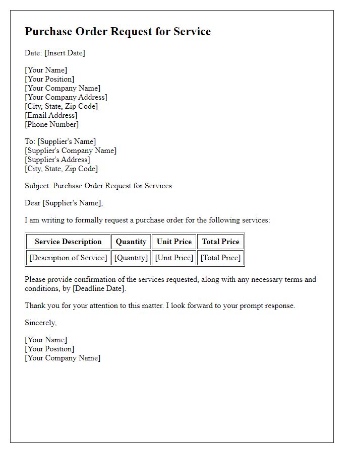 Letter template of purchase order request for service