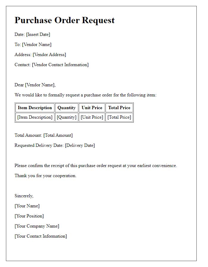 Letter template of specific item purchase order request