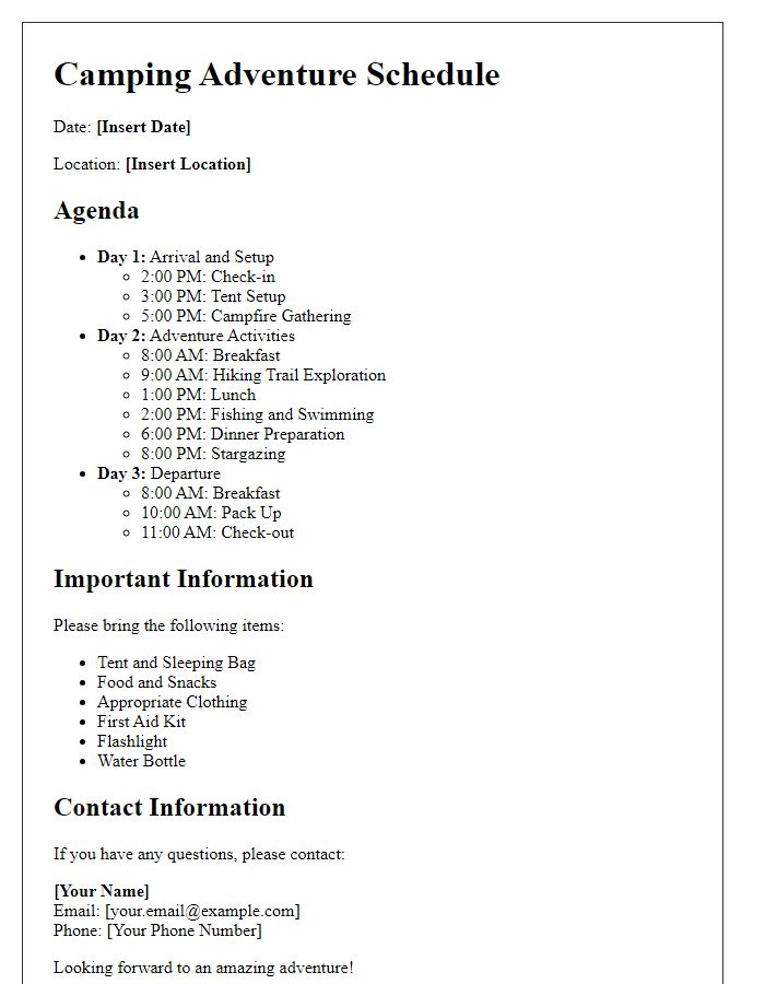 Letter template of Camping Adventure Schedule