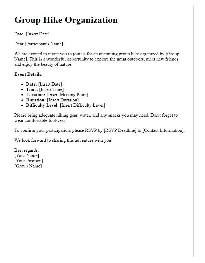 Letter template of Group Hike Organization