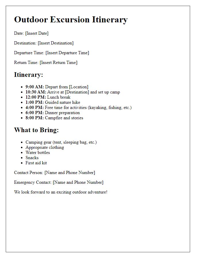 Letter template of Outdoor Excursion Itinerary