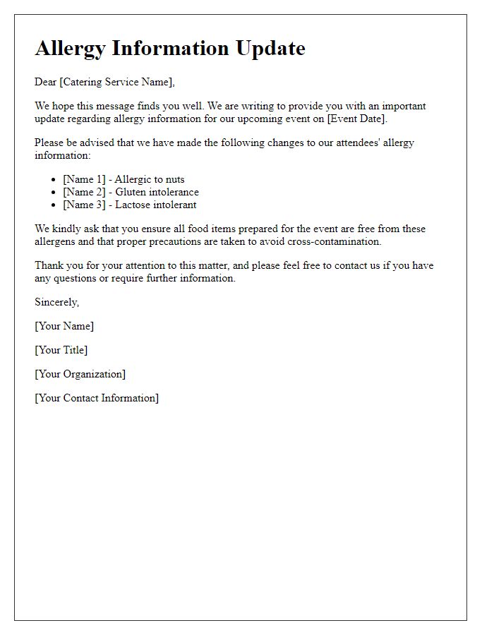 Letter template of allergy information update for catering services