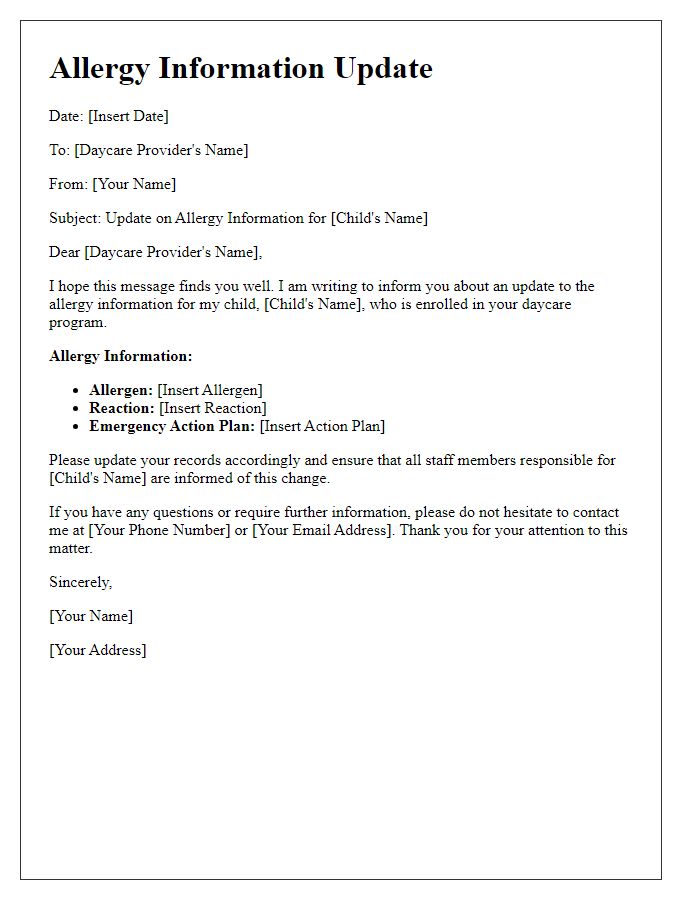 Letter template of allergy information update for daycare services