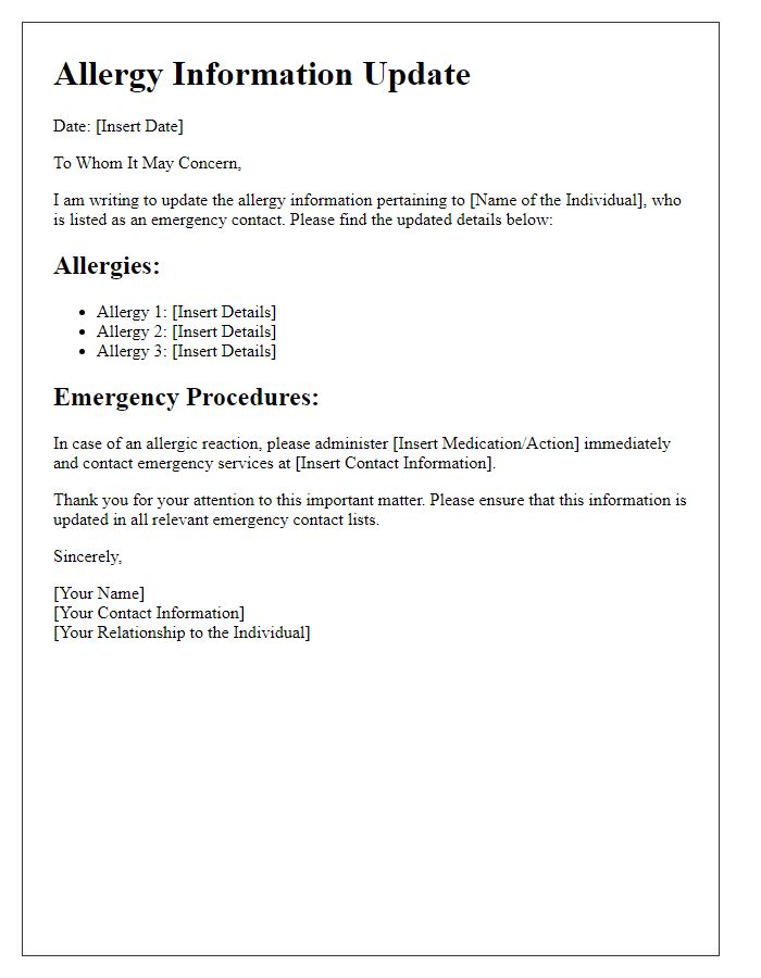 Letter template of allergy information update for emergency contact lists