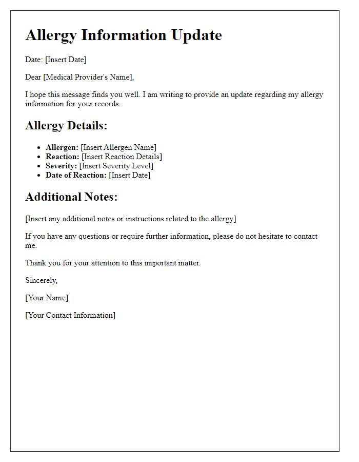 Letter template of allergy information update for medical providers