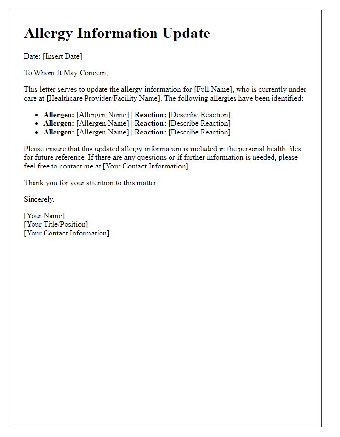 Letter template of allergy information update for personal health files